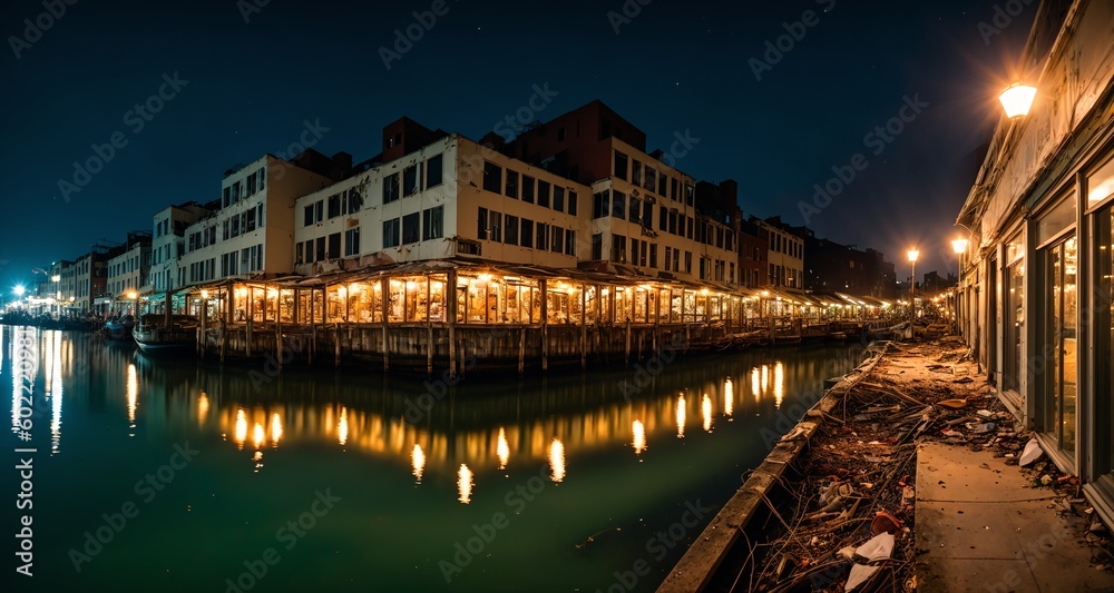 City Port Sea Canal on the City's Harbor at Night. Coastal Marina against Old Buildings and Market. (generative ai)