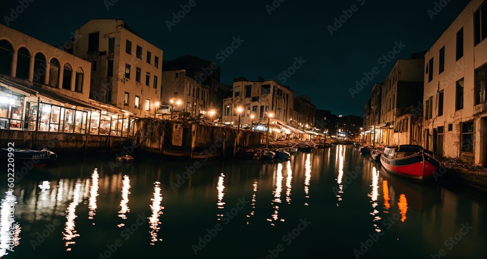 City Port Sea Canal on the City's Harbor at Night. Town Buildings and Light Reflections on Water with Docked Boats. (generative ai)