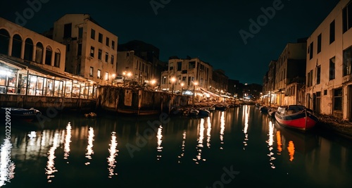 City Port Sea Canal on the City s Harbor at Night. Town Buildings and Light Reflections on Water with Docked Boats.  generative ai 