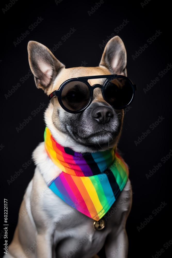 fairy funny gay french bulldog dog proud of human rights waving with lgbt rainbow flag and sunglasses , isolated