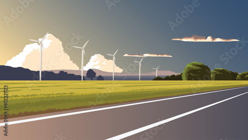 Copy Space Flat Vector Illustration. Empty asphalt road passing wide open fields and towers of wind turbines spinning electricity. Evironment of warm atmosphere in the evening at the countryside.