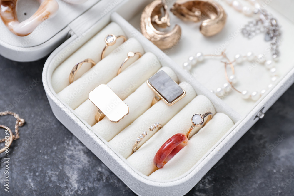 Organizer with stylish jewelry on dark grunge background Organizer with stylish jewelry on dark grunge background
