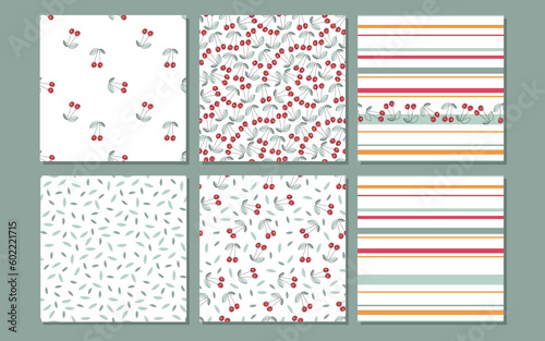 Cherry background collection. Six pattern cherry set. Abstract Seamless pattern with cherry, leaves, strips on white background. Backgrounds for textile, wrapping paper, wallpaper, cover design.