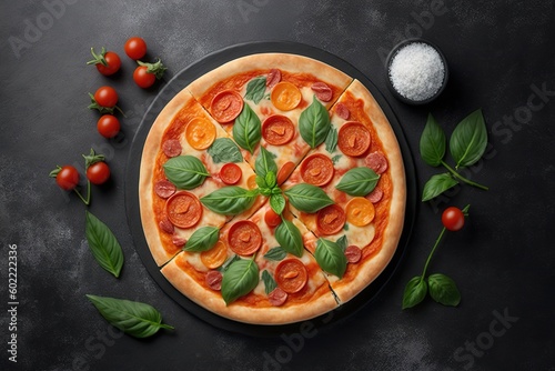 Pizza Margherita on black stone background. Homemade Pizza Margarita with Tomatoes, Basil and Mozzarella Cheese. Generative AI