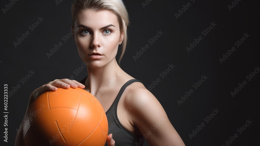 Portrait of beautiful sporty woman with fitness ball on gray background.Generative Ai