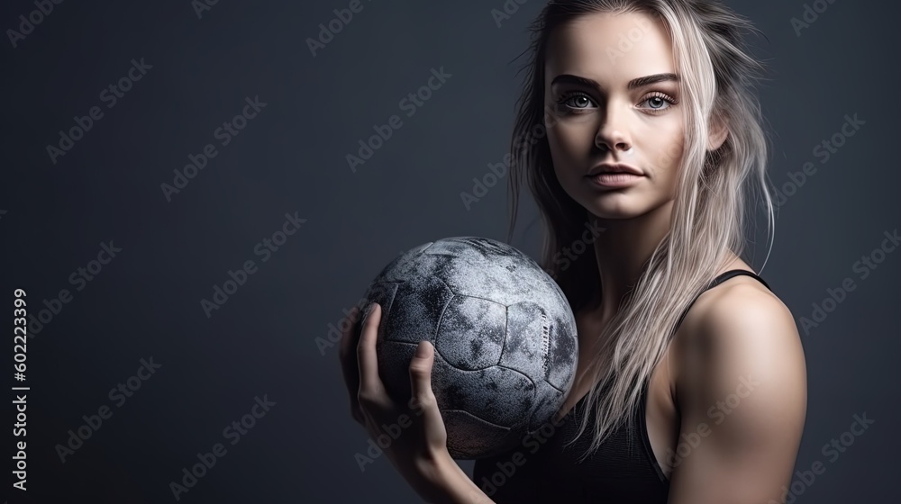 Naklejka premium Portrait of beautiful sporty woman with fitness ball on gray background.Generative Ai
