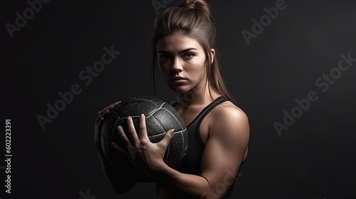 Portrait of beautiful sporty woman with fitness ball on gray background.Generative Ai