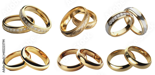 six pairs of gold wedding rings on a transparent background, Generative AI