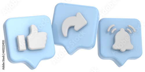 Like share and subscribe icons. 3D icon.