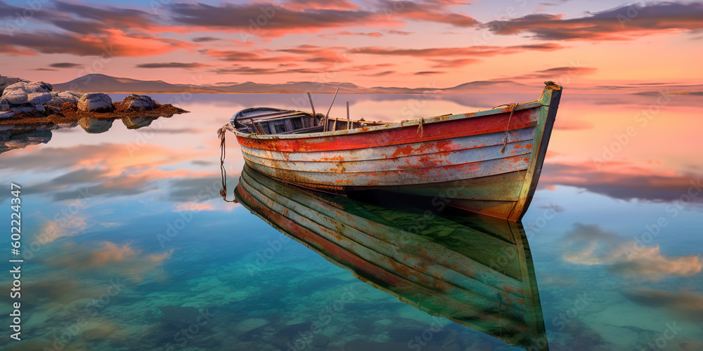 Fototapeta premium Boat on the sea at sunset