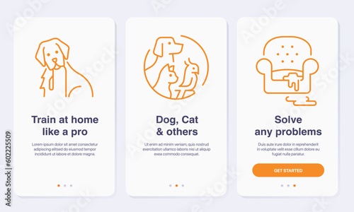 Pets training concept onboarding app screens. Simplified walkthrough screens for mobile apps.
