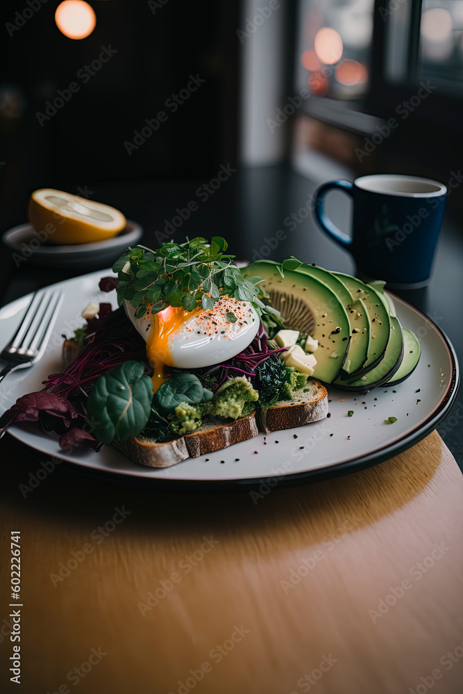 A close up of a plate of food on a table, avocado toast. Generative AI 