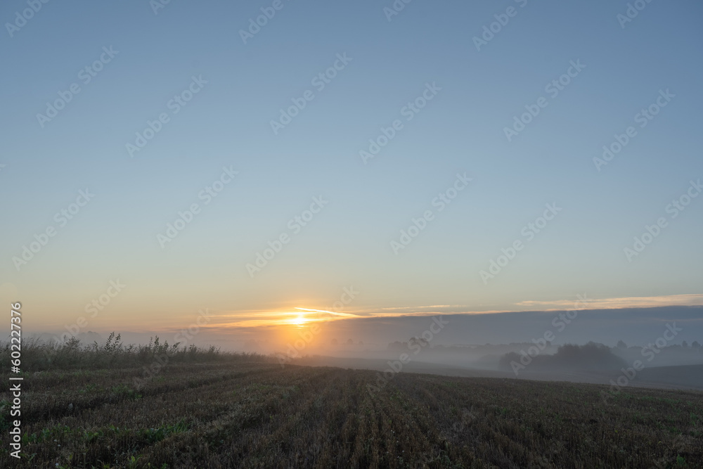 sunrise, foggy morning in the countryside