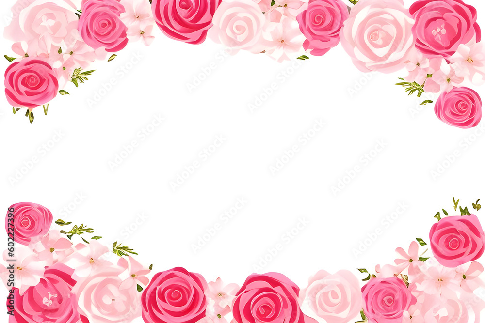 Pink roses frame border on white background. Generative ai