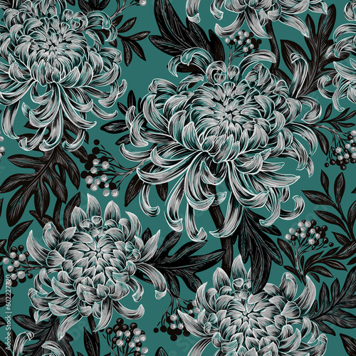 Chrysanthemum seamless pattern. Handwork, graphics. Wallpaper, fabric design.