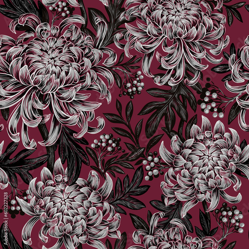 Chrysanthemum seamless pattern. Handwork, graphics. Wallpaper, fabric design.