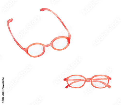 イラスト素材：眼鏡を畳まずに置いた状態と畳んだ状態のセット 赤色系 手描きの水彩画 