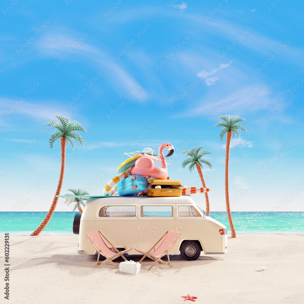 Summer vacation, travel holiday, van and beach accessories with beautiful sea background. 3d rendering	 - obrazy, fototapety, plakaty 
