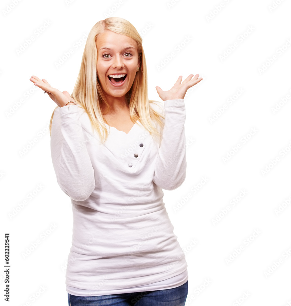 Excited, portrait and woman shock with good news announcement and surprise in a studio. Casual fashion, female person face and model with happiness and smile feeling wow and stylish with mockup Excited, portrait and woman shock with good news announcement and surprise in a studio. Casual fashion, female person face and model with happiness and smile feeling wow and stylish with mockup