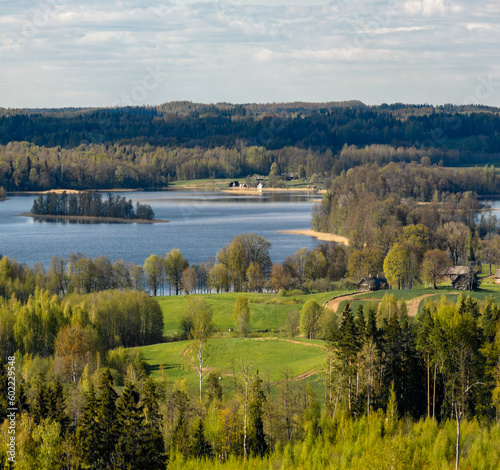 Spring landscape by lake Ežezers Latvia, in the countryside of Latgale.
