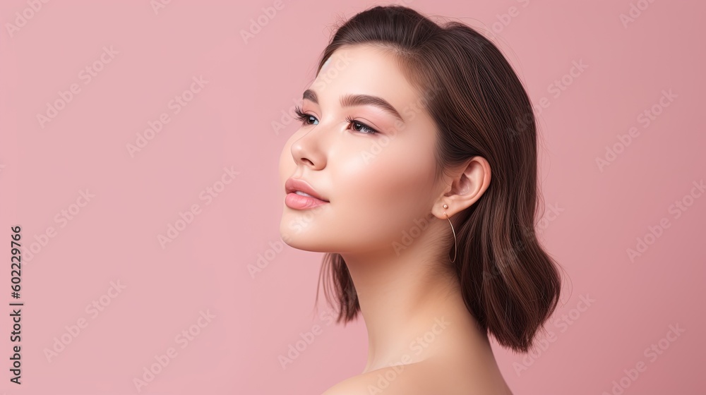 Portrait of beautiful young woman with clean fresh skin on pink background.Generative Ai Portrait of beautiful young woman with clean fresh skin on pink background.Generative Ai