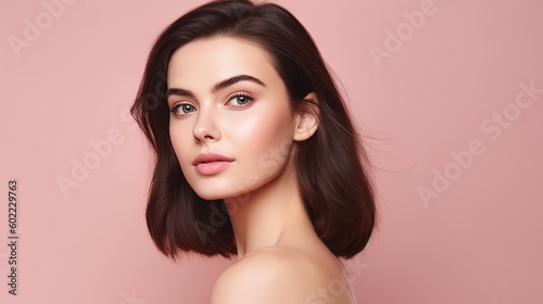 Portrait of beautiful young woman with clean fresh skin on pink background.Generative Ai