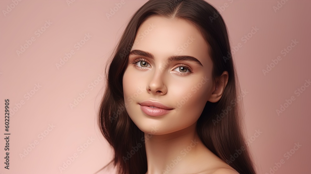 Portrait of beautiful young woman with clean fresh skin on pink background.Generative Ai