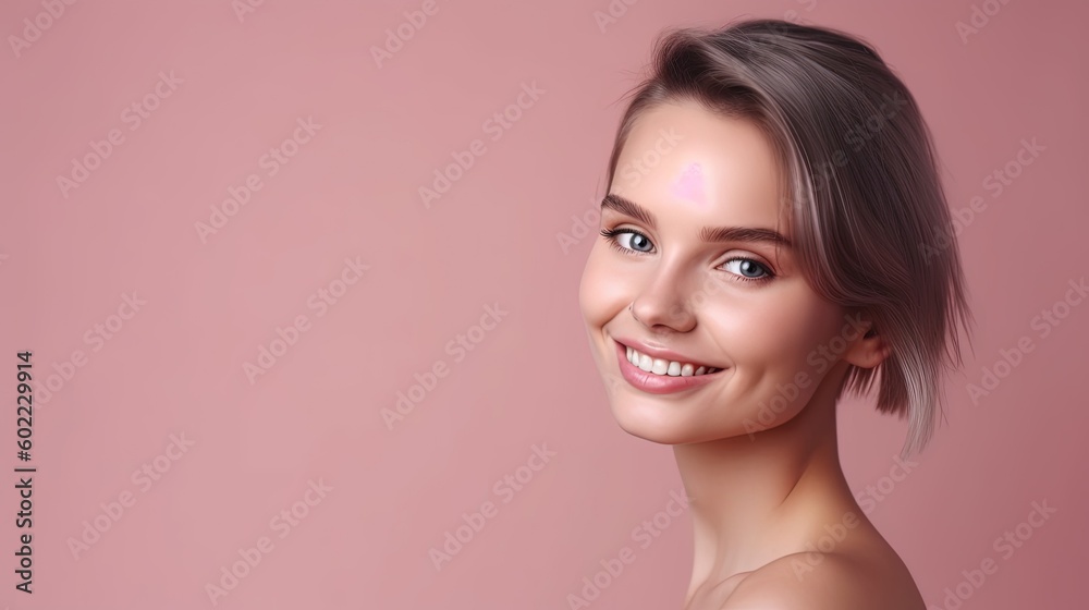 Portrait of beautiful young woman with clean fresh skin on pink background.Generative Ai Portrait of beautiful young woman with clean fresh skin on pink background.Generative Ai