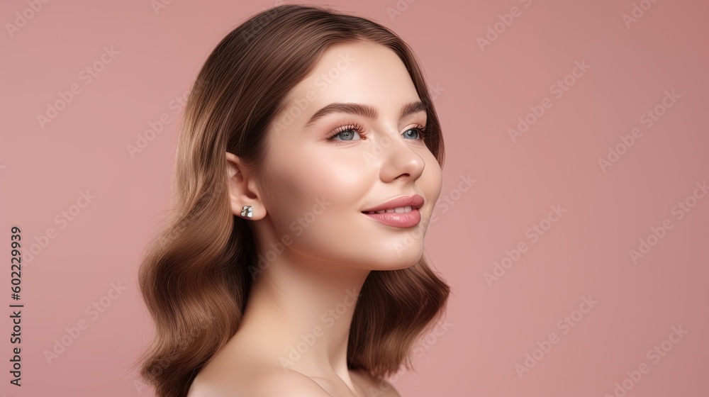 Portrait of beautiful young woman with clean fresh skin on pink background.Generative Ai Portrait of beautiful young woman with clean fresh skin on pink background.Generative Ai