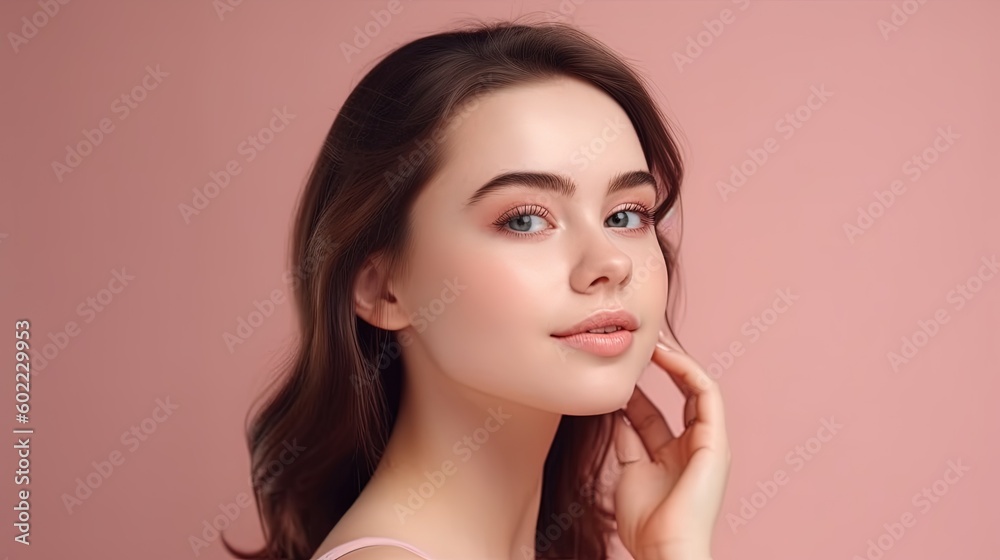 Portrait of beautiful young woman with clean fresh skin on pink background.Generative Ai Portrait of beautiful young woman with clean fresh skin on pink background.Generative Ai