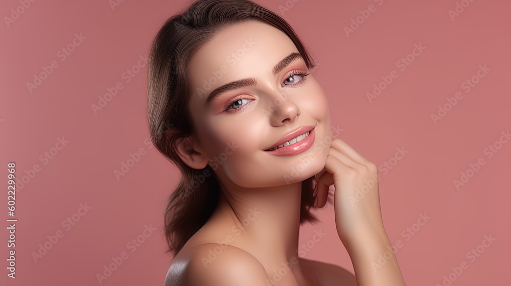 Portrait of beautiful young woman with clean fresh skin on pink background.Generative Ai Portrait of beautiful young woman with clean fresh skin on pink background.Generative Ai