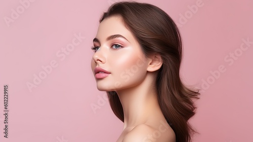 Portrait of beautiful young woman with clean fresh skin on pink background.Generative Ai