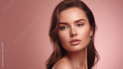 Portrait of beautiful young woman with clean fresh skin on pink background.Generative Ai