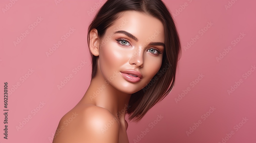 Portrait of beautiful young woman with clean fresh skin on pink background.Generative Ai Portrait of beautiful young woman with clean fresh skin on pink background.Generative Ai