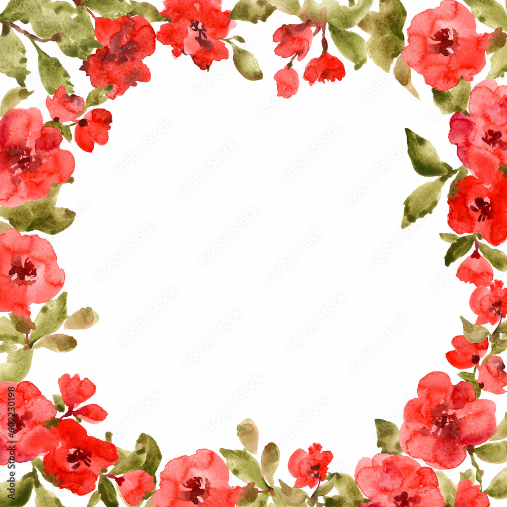 Fototapeta premium Decorative frame, red flowers, watercolor illustration . Luxurious design for your projects. Invitation and congratulations for any holiday.