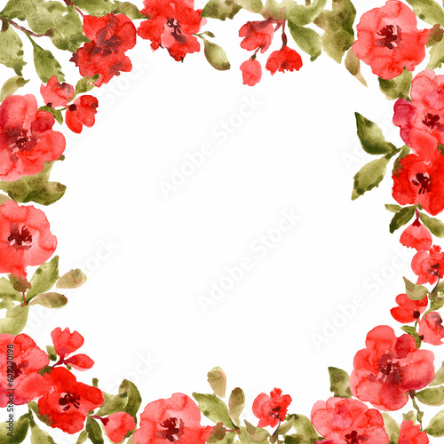 Decorative frame, red flowers, watercolor illustration . Luxurious design for your projects. Invitation and congratulations for any holiday.