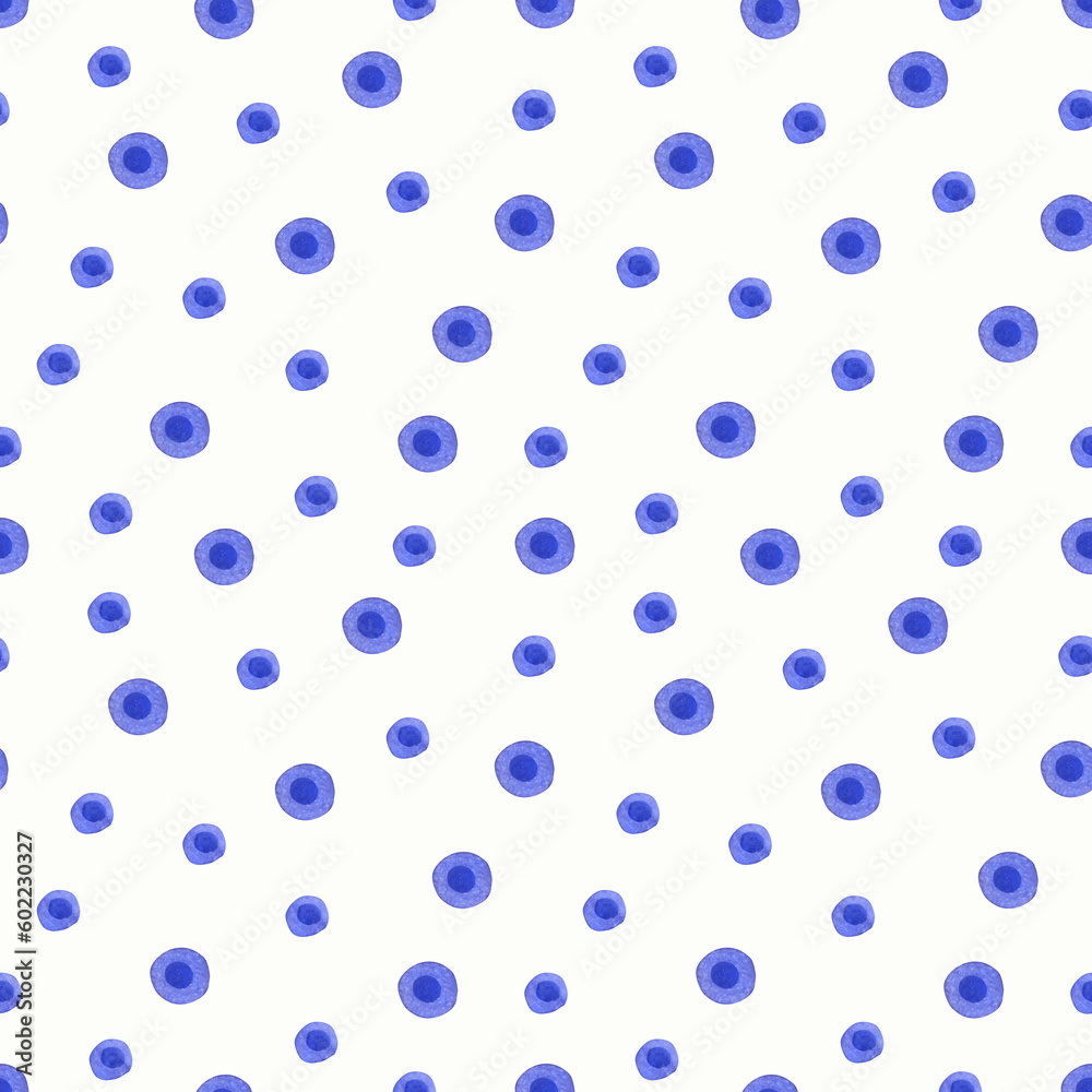 Seamless pattern with blue circles on a white background. Watercolor illustration. Seamless pattern, blue polka dots, simple watercolor ornament. Seamless pattern with blue circles on a white background. Watercolor illustration. Seamless pattern, blue polka dots, simple watercolor ornament.
