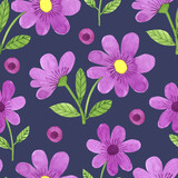Purple flowers in abstract style on colorful background. Seamless pattern illustration. Abstract grunge background. 