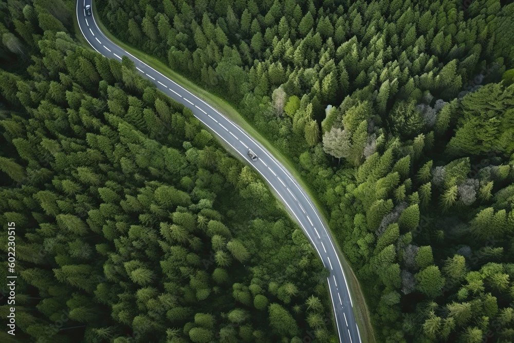 road in wood, view from the drone