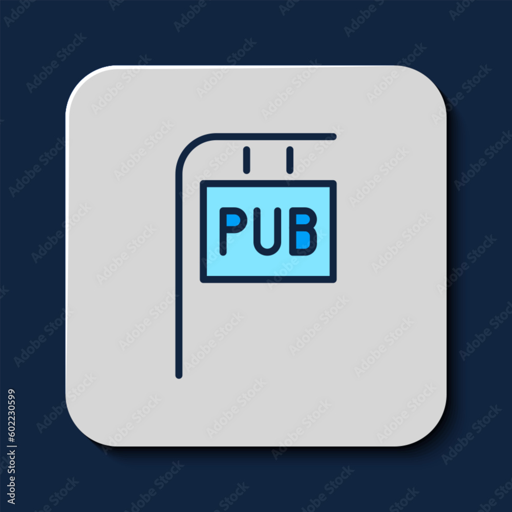 Filled outline Street signboard with inscription Pub icon isolated on blue background. Suitable for advertisements bar, cafe, restaurant. Vector Filled outline Street signboard with inscription Pub icon isolated on blue background. Suitable for advertisements bar, cafe, restaurant. Vector