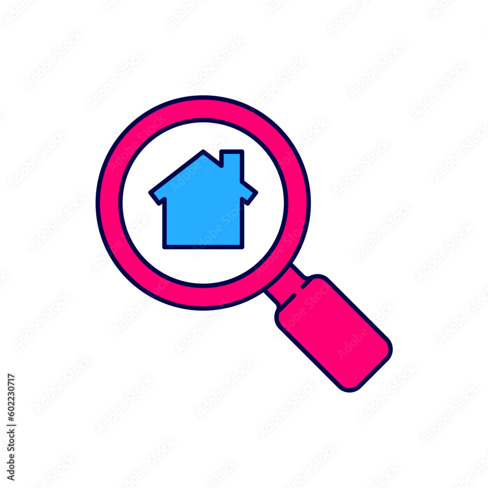 Filled outline Search house icon isolated on white background. Real estate symbol of a house under magnifying glass. Vector Filled outline Search house icon isolated on white background. Real estate symbol of a house under magnifying glass. Vector
