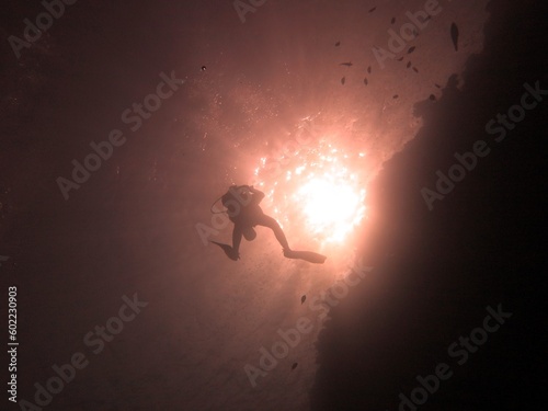 silhouette diver underwater in a blue hole dive