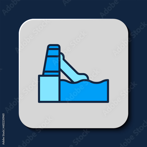 Filled outline Water slide with pool icon isolated on blue background. Aquapark. Vector