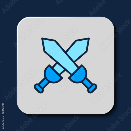 Filled outline Crossed medieval sword icon isolated on blue background. Medieval weapon. Vector