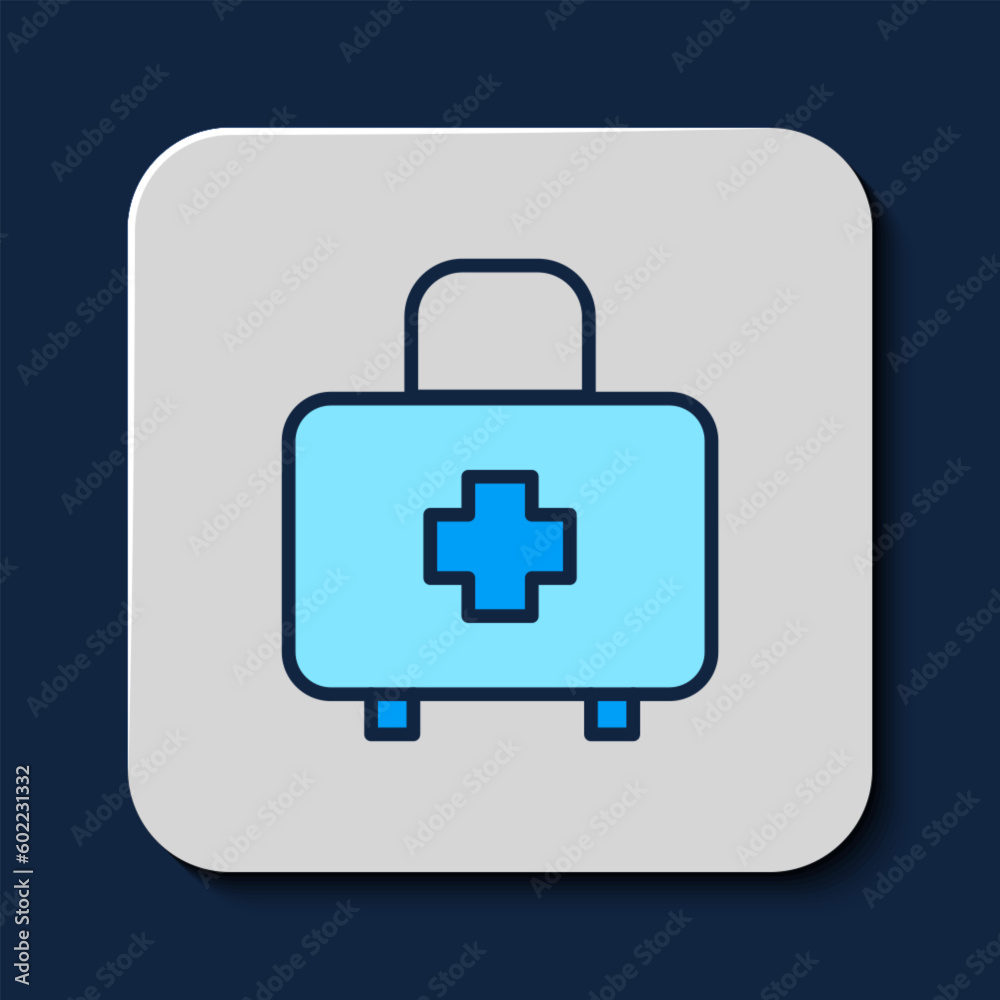 Filled outline First aid kit icon isolated on blue background. Medical box with cross. Medical equipment for emergency. Healthcare concept. Vector