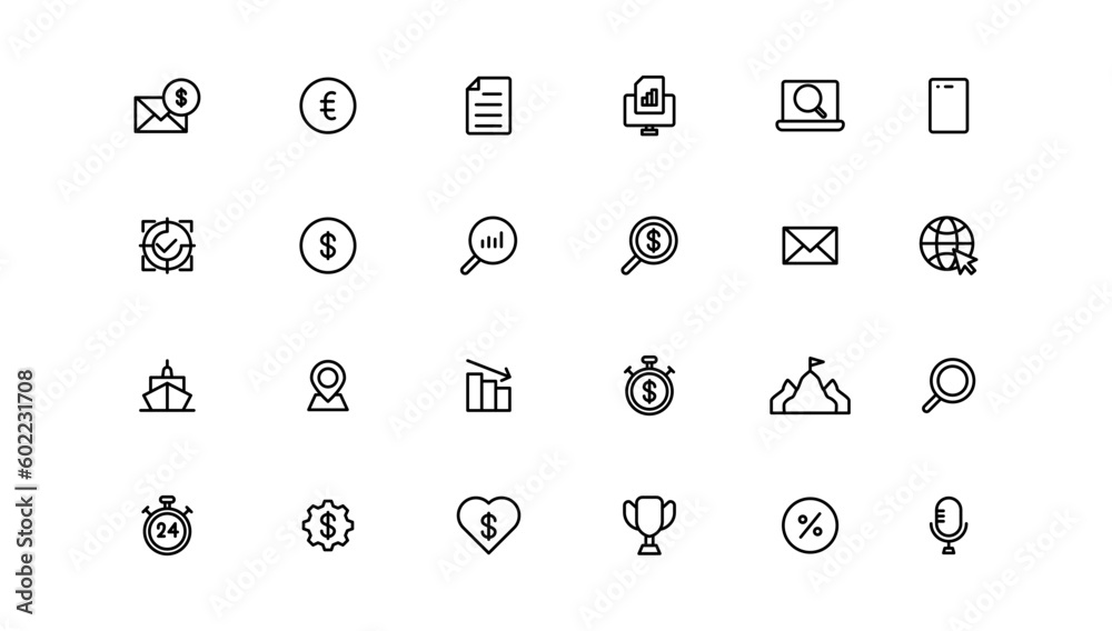 Business and Finance web icons. Vector business and finance outline stroke line icon set with money, bank, check, law, auction, exchance, payment. Business and Finance web icons. Vector business and finance outline stroke line icon set with money, bank, check, law, auction, exchance, payment.