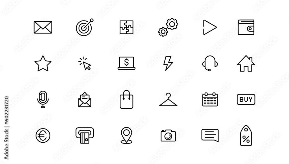 Thin line icon set. Icons business marketing e-commerce media contact icon.