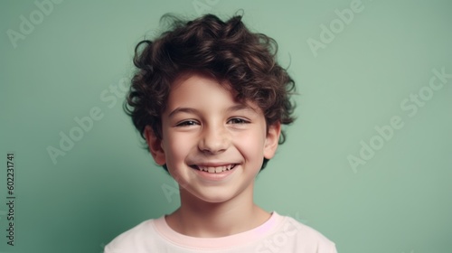 A cute little boy with a joyful smile, standing against a pastel-color background. Generative AI