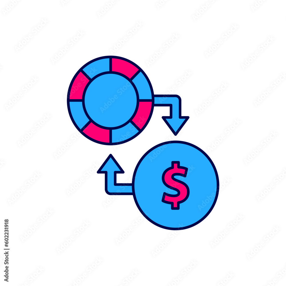 Filled outline Casino chips exchange on stacks of dollars icon isolated on white background. Vector Filled outline Casino chips exchange on stacks of dollars icon isolated on white background. Vector