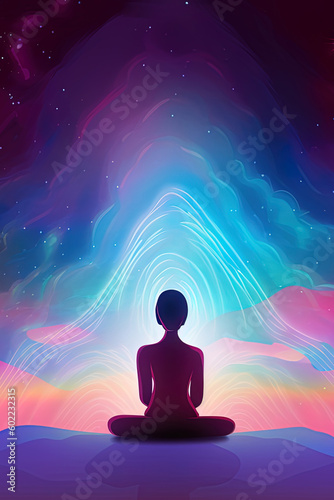 a woman meditating under a galaxy sky © dewaai